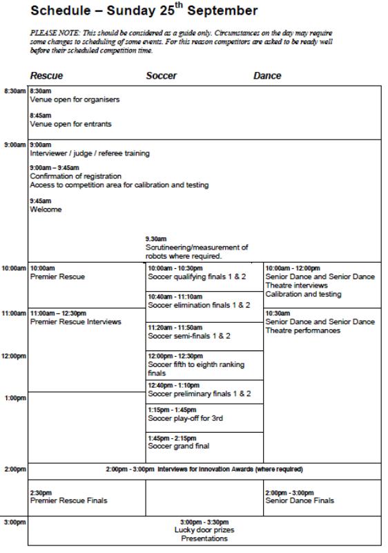 2011 Australian RoboCup Junior Sunday Schedule Tasmania